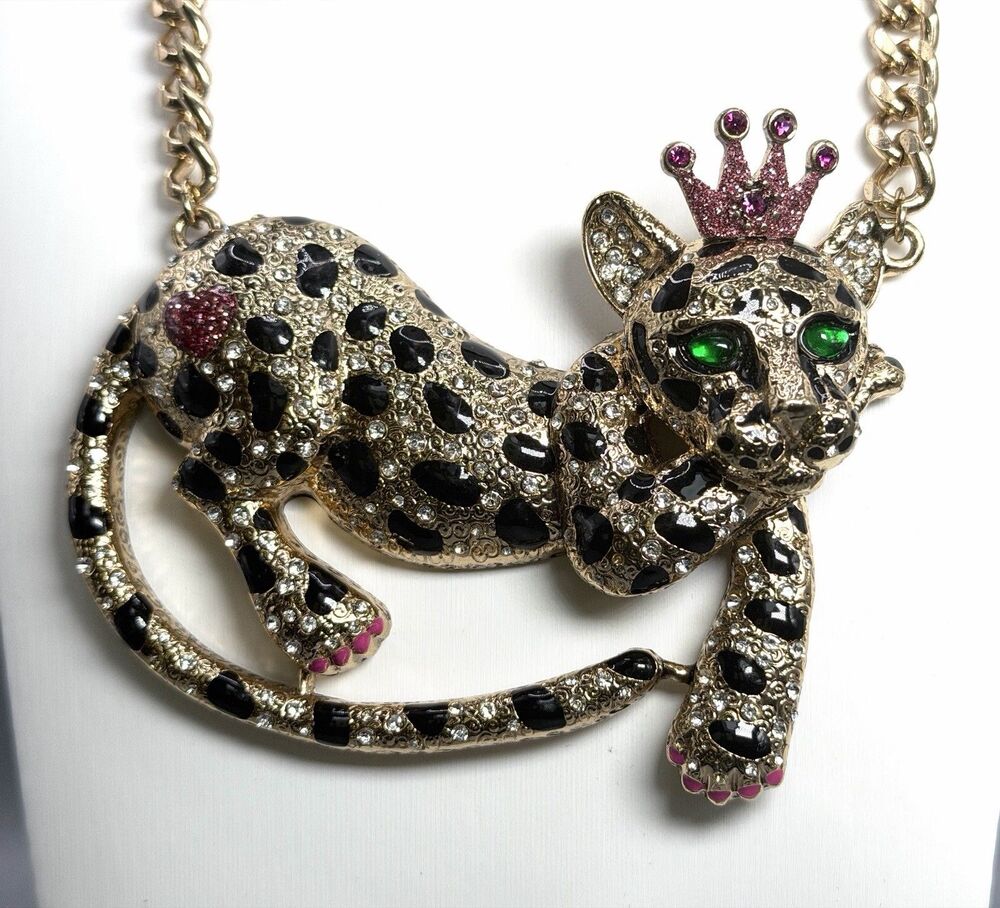 Betsey Johnson Vintage Day At The Zoo Leopard Queen Necklace Pink Claw Accents